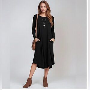 Black Tee Knit Curved Hem Dress With Pockets